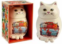 Чай GET&JOY Кот - Цветной город, черный, керамическая чайница, 50 гр