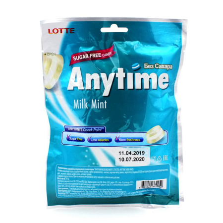 Леденцы Lotte Anytime Milk Mint  Молоко и мята (без сахара ) 74 гр. 